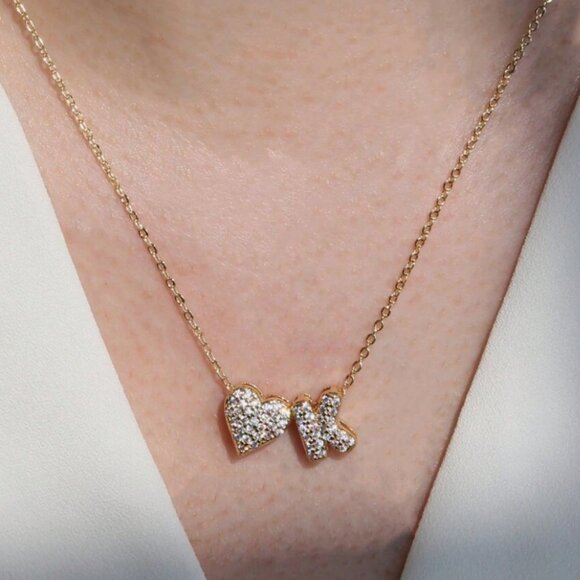 posh chronicles Jewelry - New to Posh C 🔆| Euro Style Paved Heart Initial 18K Gold Plated Necklace F-J